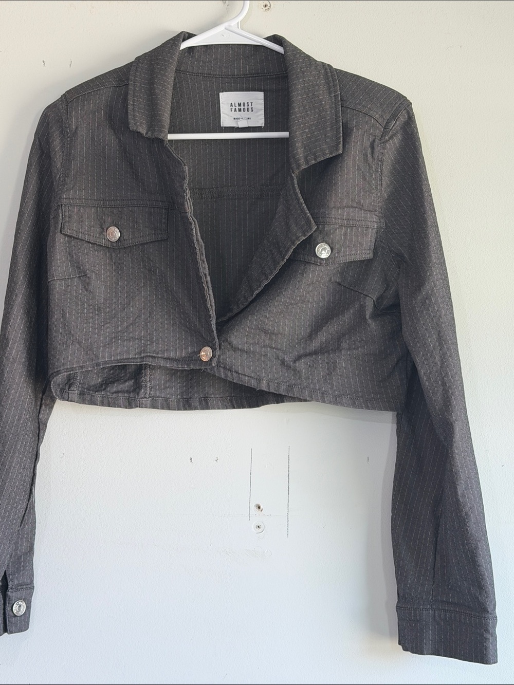 Almost Famous Cropped Charcoal Pinstripe Jean Jacket